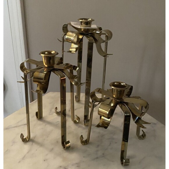 Bows Galore Vintage 1980's Brass Bow Candle Stick Holders Set of 3 Christmas - Picture 8 of 13